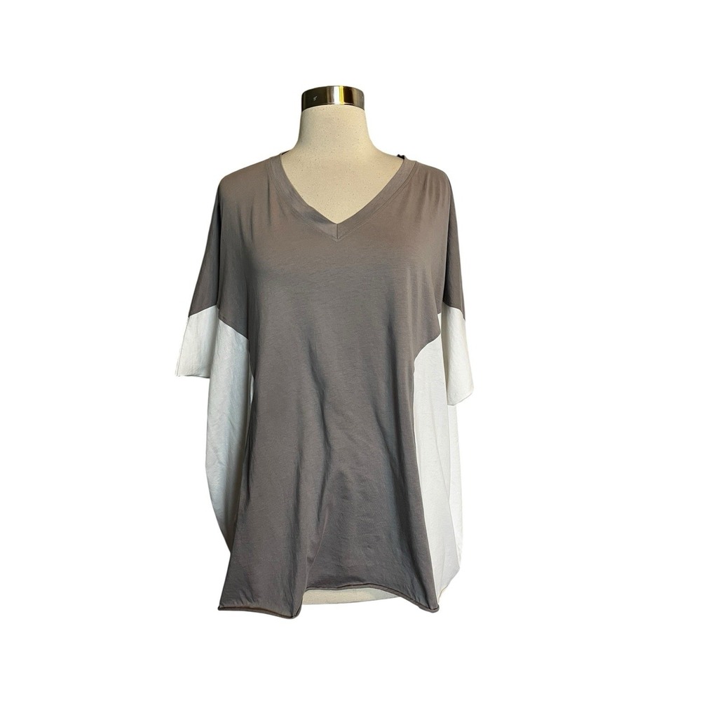 PLANET by Lauren G Top One Size White Gray Color-block Lagenlook Pima Cotton